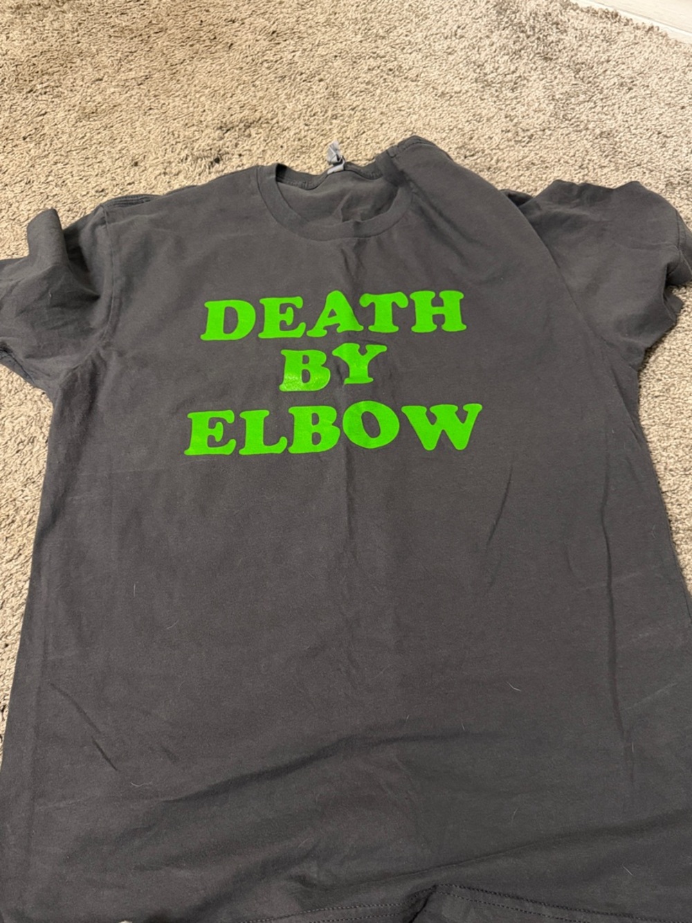 Men Dark Grey T-Shirt with Green 'Death By Elbow' Graphic